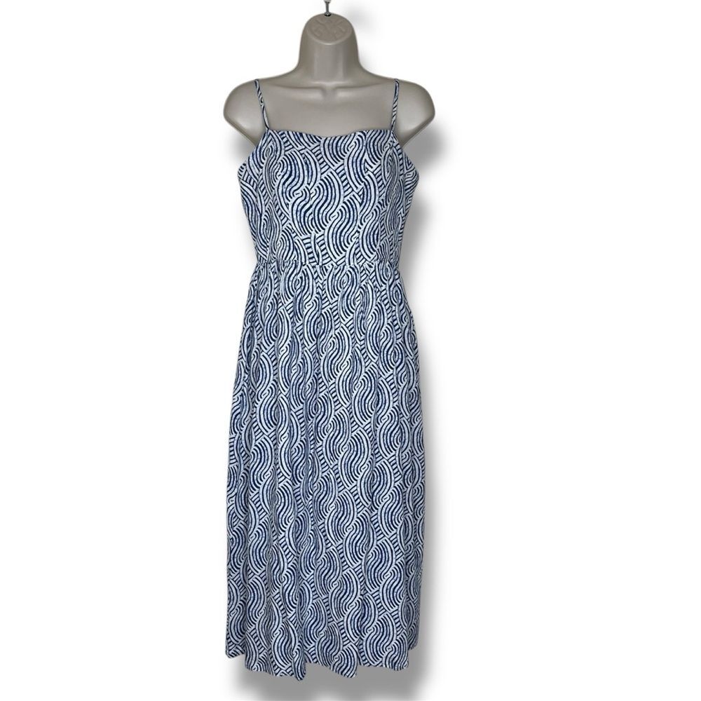 H&M Linen Blend Blue White Spaghetti Strap Midi Sundress Smocked Women Small